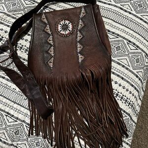 Bohemian Brown Leather Crossbody Bag with Fringe
